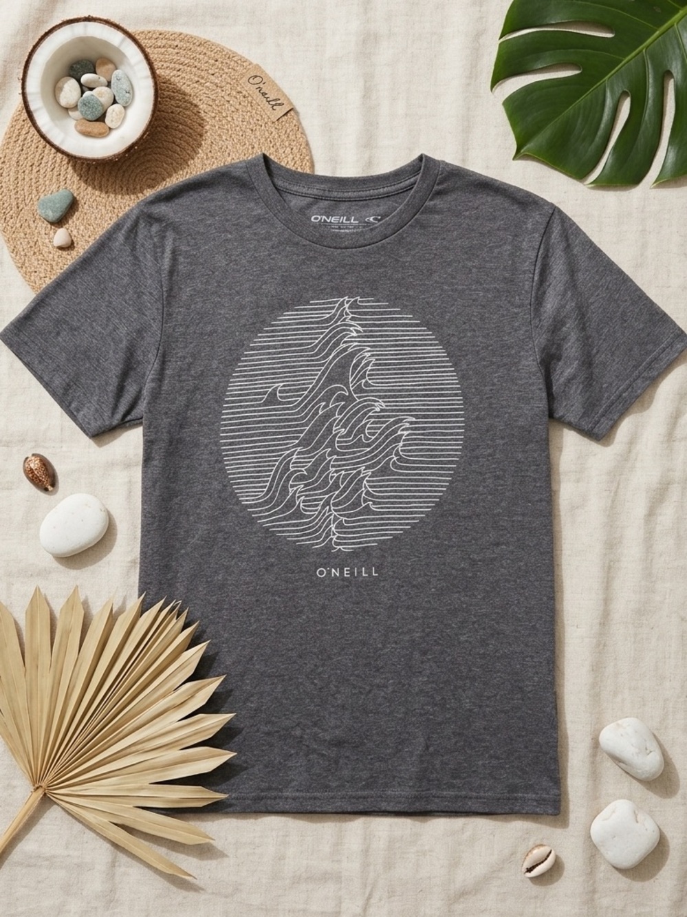O'NEILL Men’s Graphic Tee Charcoal Heather Grey Geometric Wave Crew Neck T-Shirt